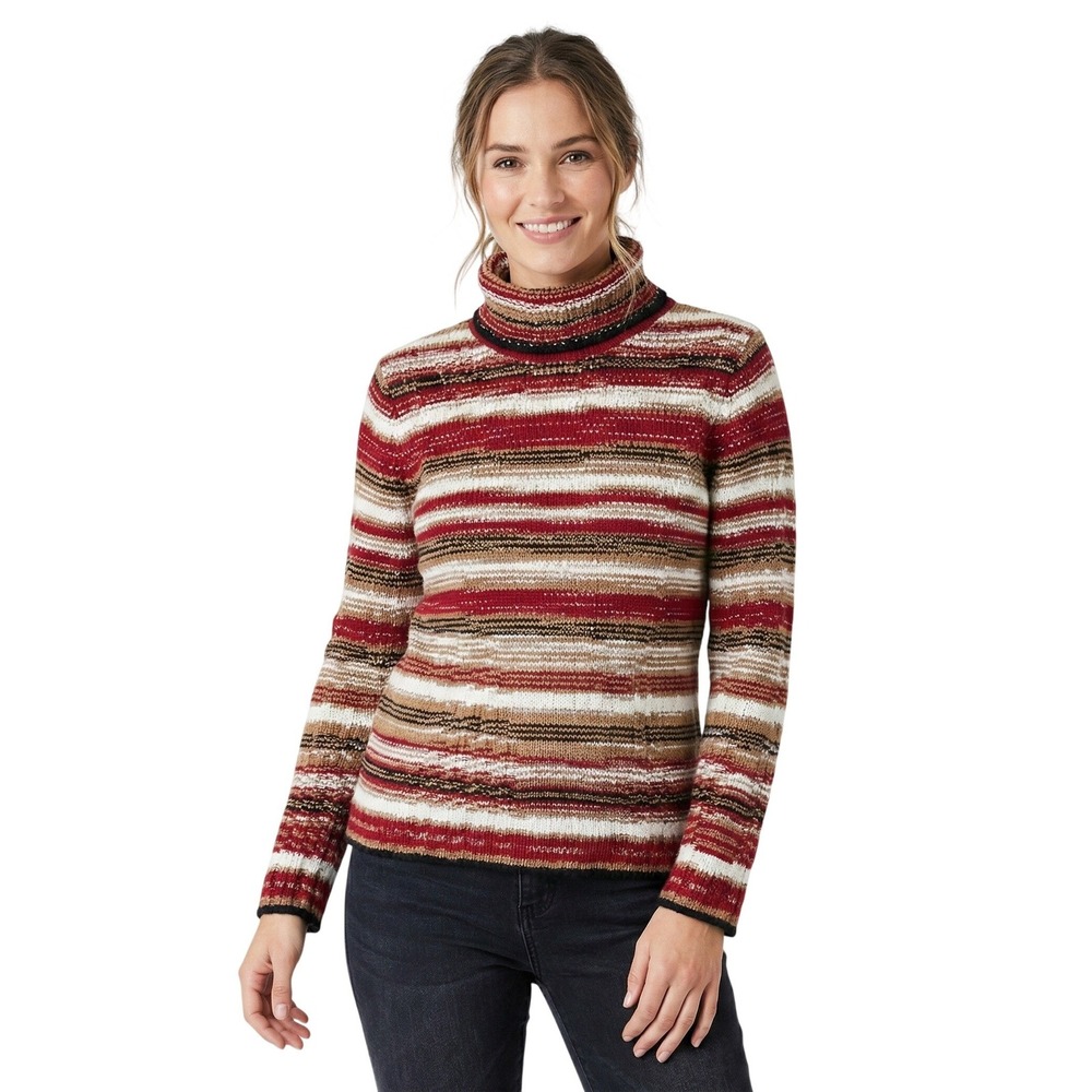 Talbots Petites Striped Turtleneck Sweater Womens Medium Red White Tan Black Red
